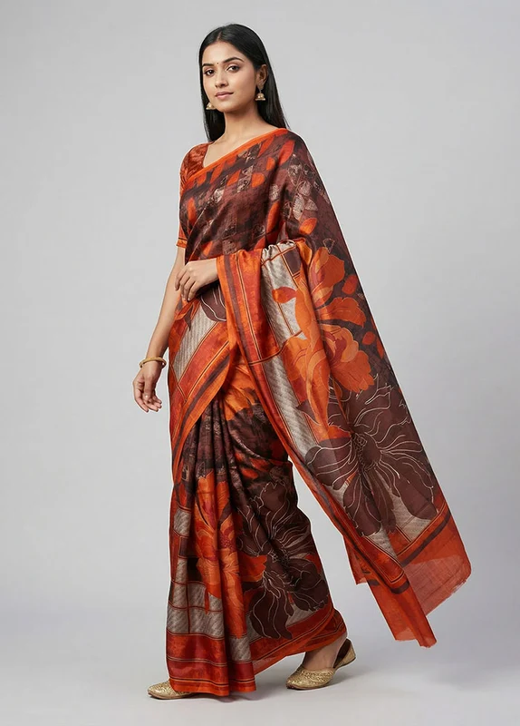 Maroon Printed Pure Silk Saree Without Blouse Piece One Size