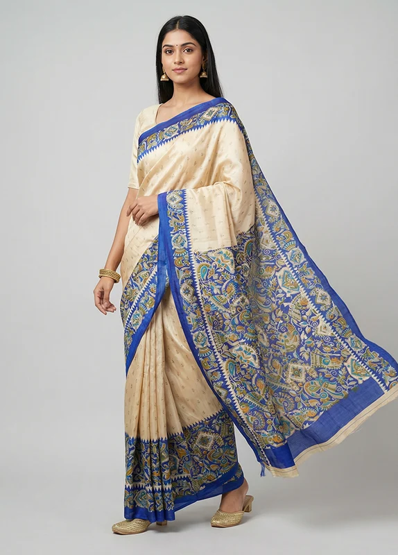 Cream Printed Silk Saree Without Blouse Piece One Size