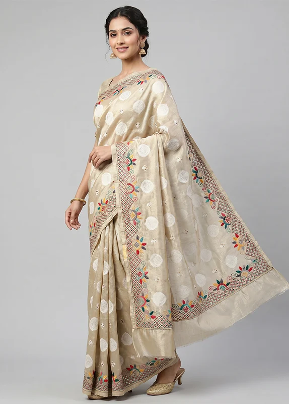 Cream Tissue Silk Saree With Blouse Piece One Size
