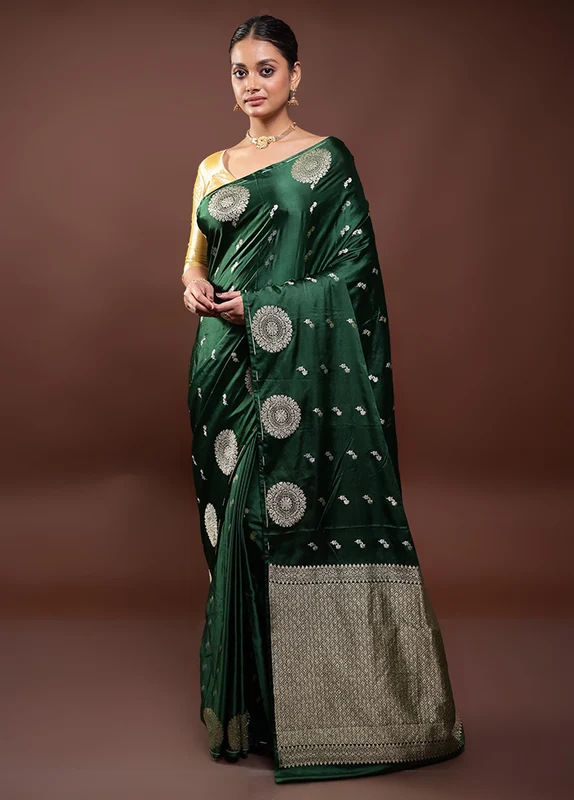 Green Dupion Silk Saree With Blouse Piece Onesize