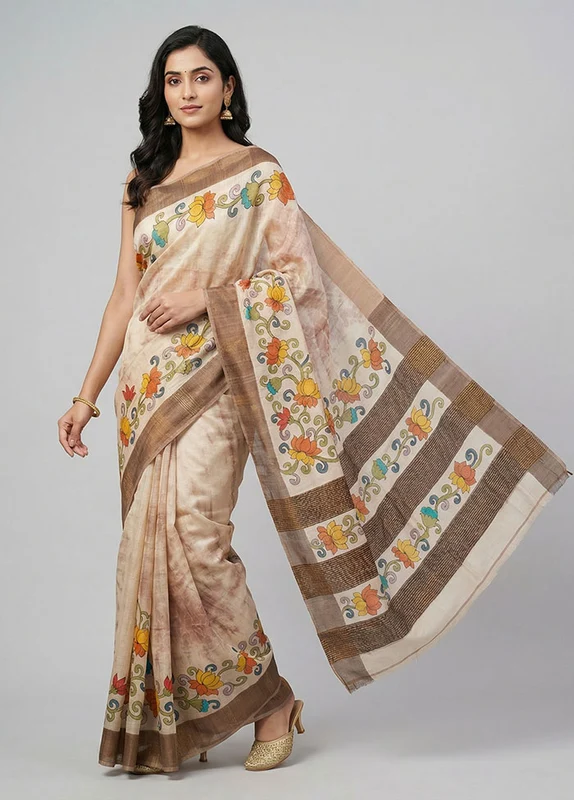Cream Handloom Tussar Pure Silk Saree With Blouse Piece One Size