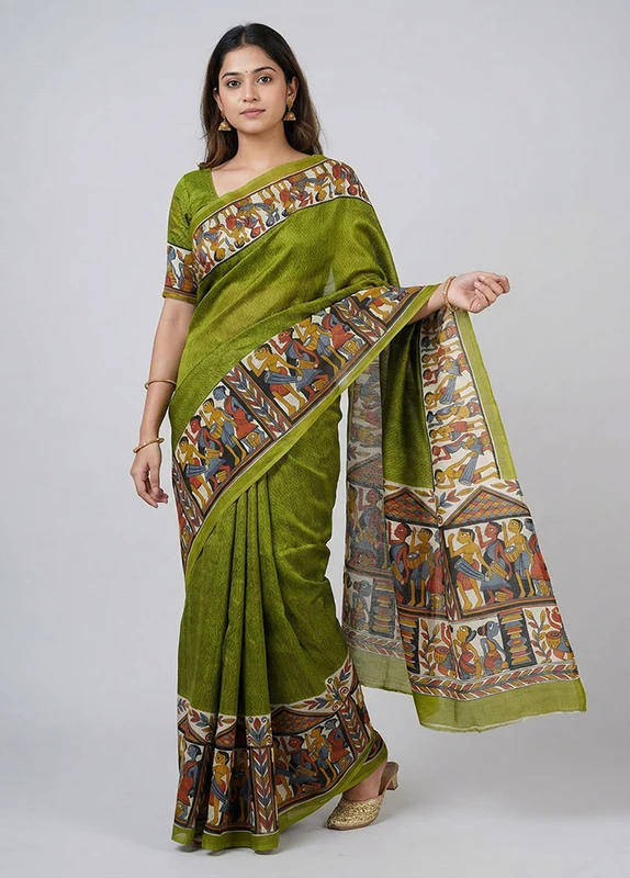 Green Printed Silk Saree Without Blouse Piece One Size