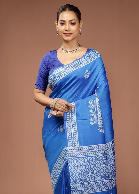 Blue Printed Pure Silk Saree Without Blouse Piece One Size