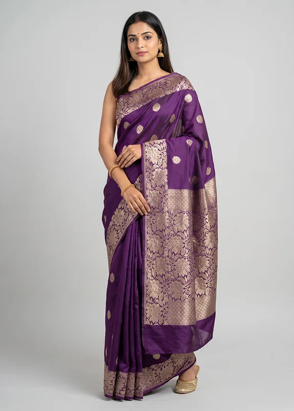 Purple Katan Silk Saree With Blouse Piece One Size