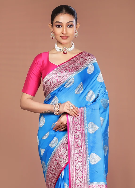 Blue Katan Silk Saree With Blouse Piece One Size