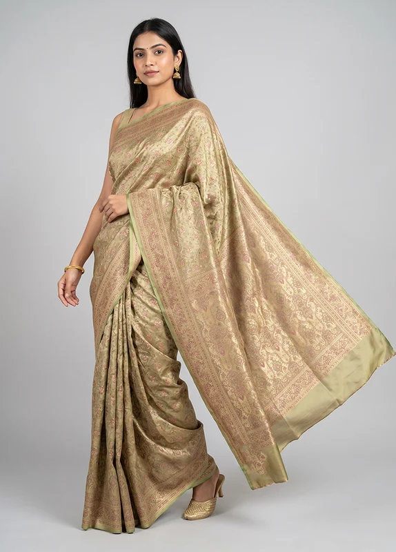 Green Jamewar Silk Saree With Blouse Piece One Size