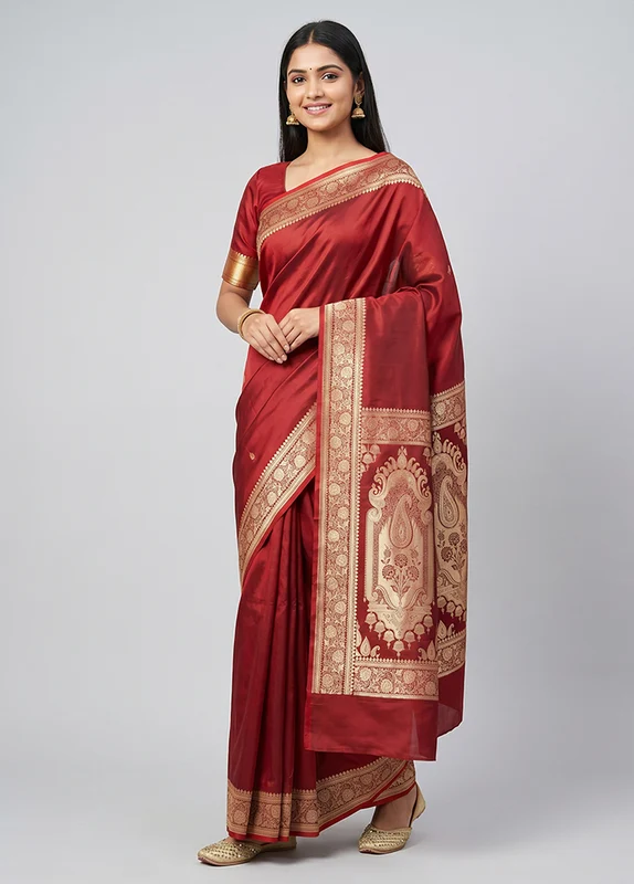 Maroon Katan Silk Saree With Blouse Piece One Size