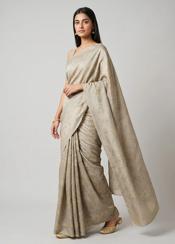 Cream Jamewar Silk Saree With Blouse Piece One Size