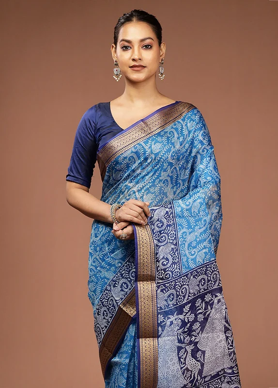 Blue Printed Pure Silk Saree Without Blouse Piece One Size