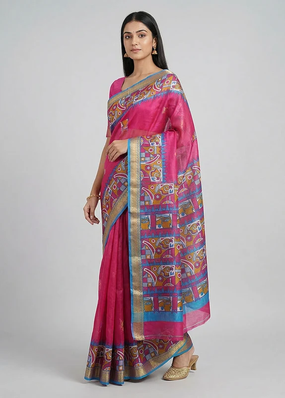Pink Printed Silk Saree Without Blouse Piece One Size