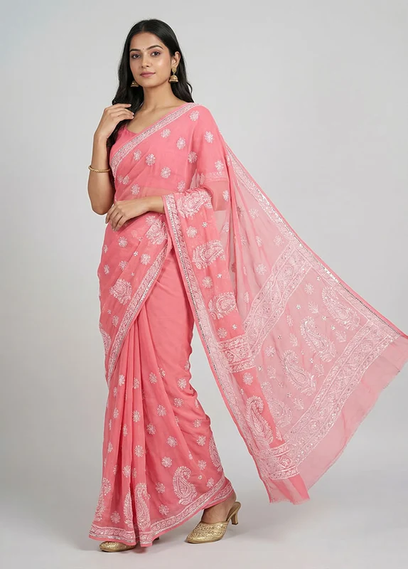 Pink Georgette Saree With Blouse Piece One Size