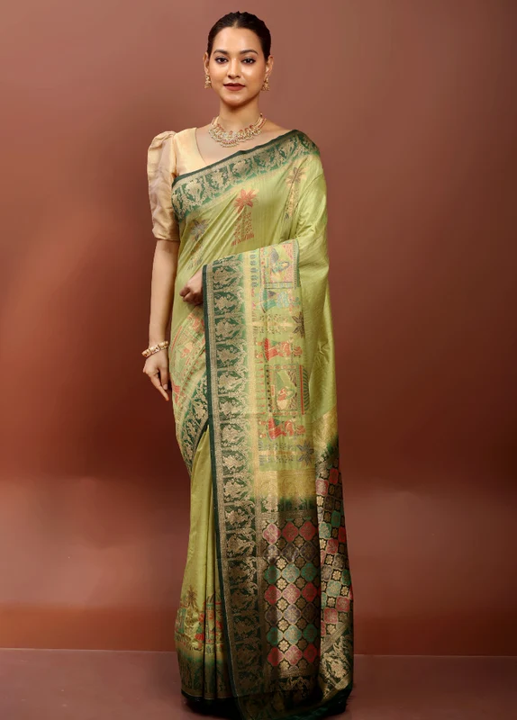 Green Dupion Silk Saree With Blouse Piece Onesize