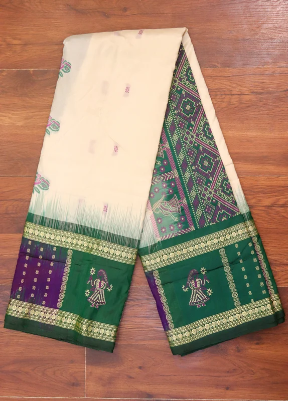 Cream Handloom Bomkai Pure Silk Saree With Blouse Piece One Size