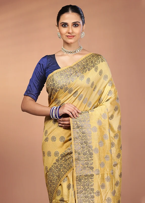 Cream Dupion Silk Saree With Blouse Piece One Size