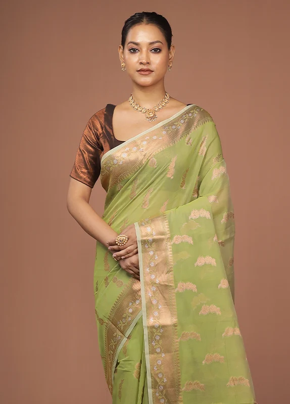 Green Kora Silk Saree With Blouse Piece One Size