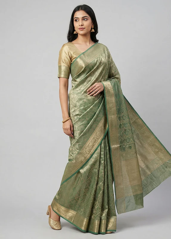 Green Tissue Silk Saree With Blouse Piece One Size