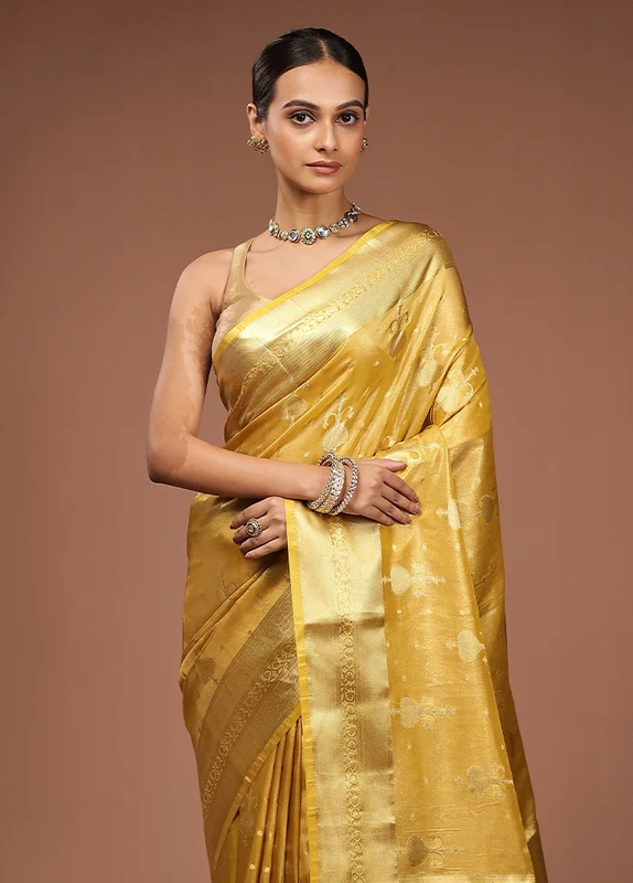 Yellow Tissue Silk Saree With Blouse Piece One Size