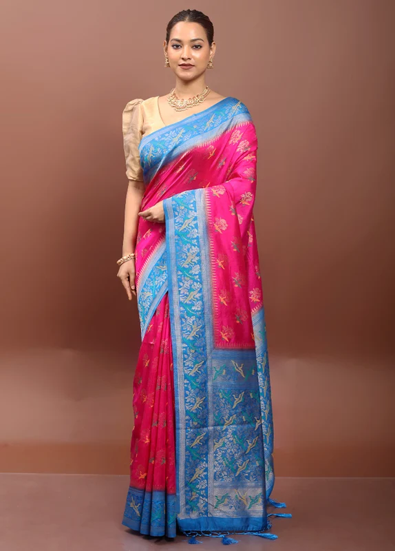 Pink Dupion Silk Saree With Blouse Piece Onesize