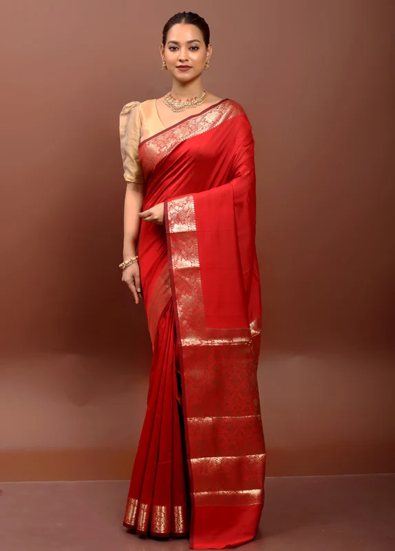 Red Dupion Silk Saree With Blouse Piece Onesize