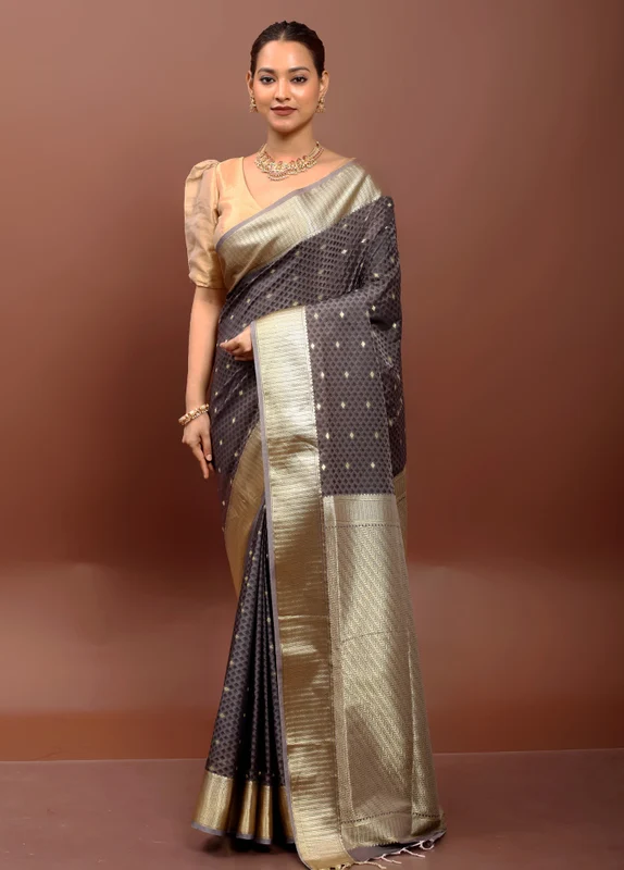 Grey Kanjivaram Silk Saree With Blouse Piece Onesize
