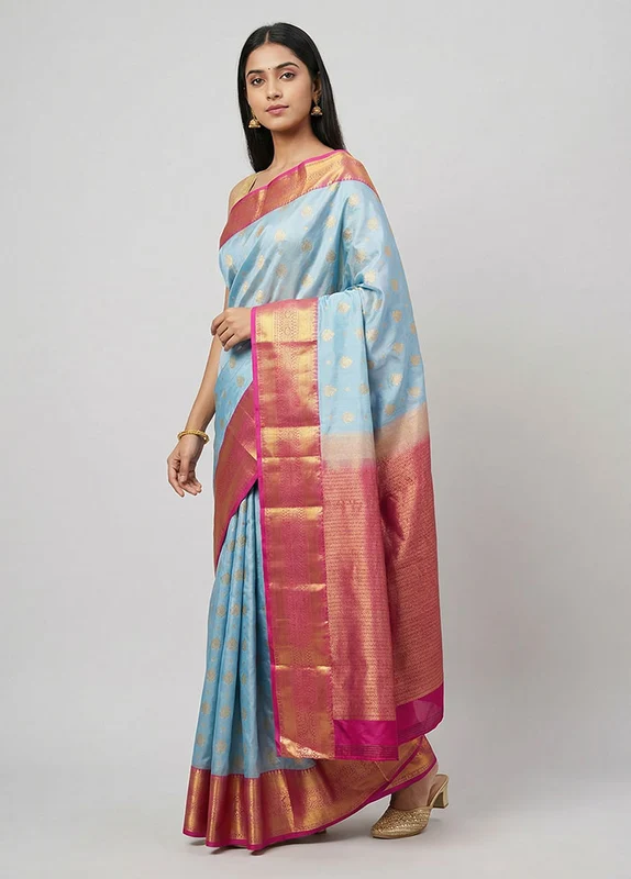 Blue Kanjivaram Silk Saree With Blouse Piece One Size