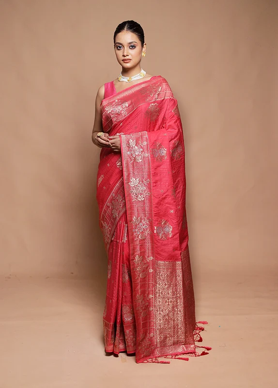Pink Dupion Silk Saree With Blouse Piece Onesize