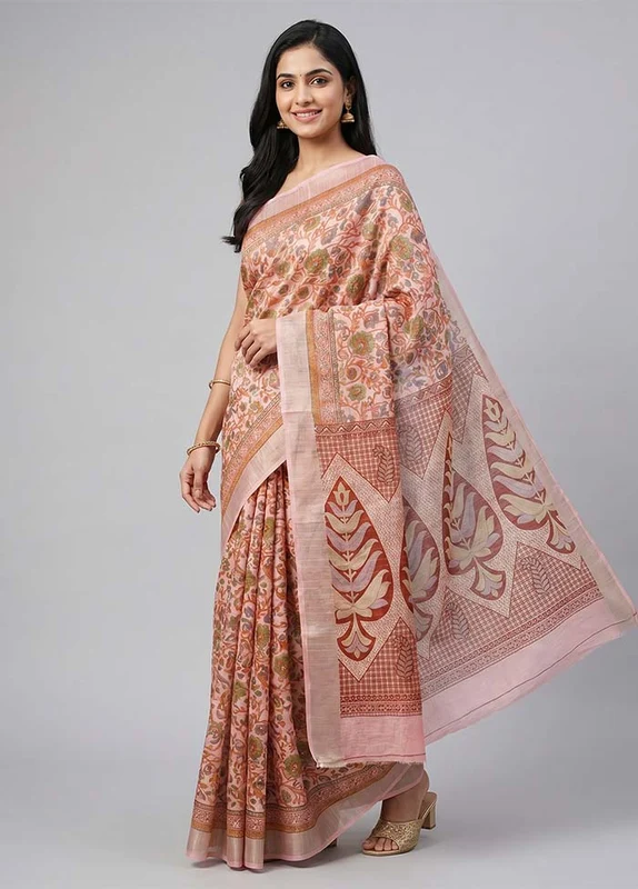Pink Cotton Saree With Blouse Piece One Size