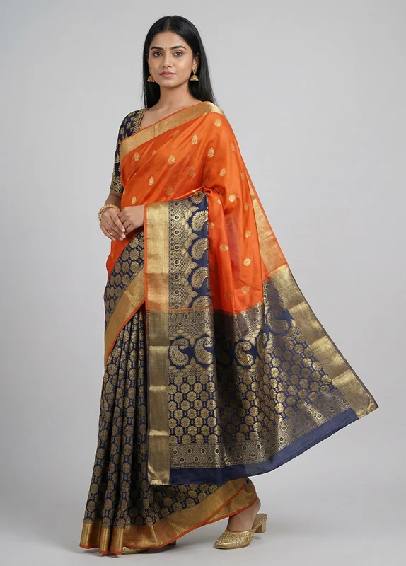 Orange Kanjivaram Silk Saree With Blouse Piece One Size