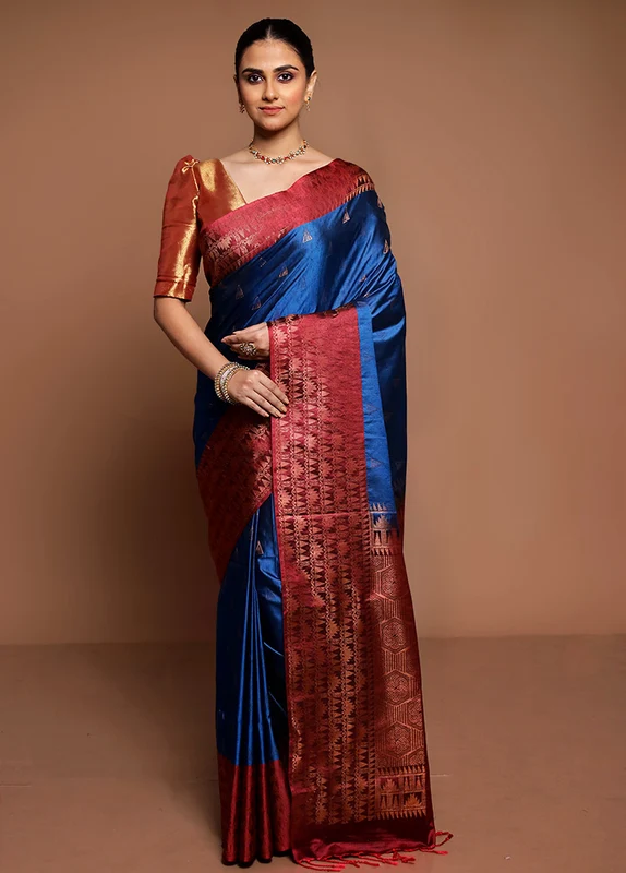 Blue Dupion Silk Saree With Blouse Piece Onesize
