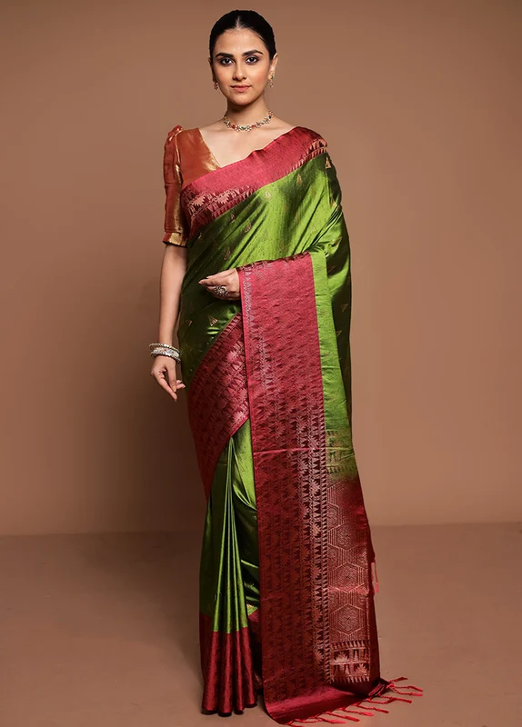 Green Dupion Silk Saree With Blouse Piece Onesize