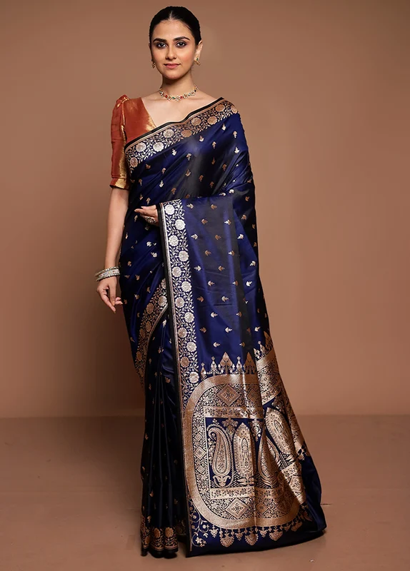 Blue Banarasi Silk Saree With Blouse Piece Onesize