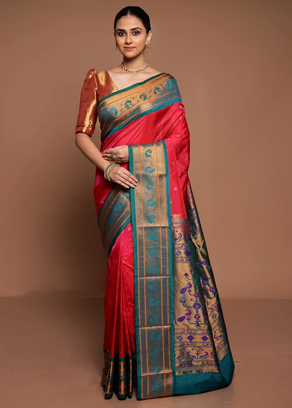 Pink Kanjivaram Silk Saree With Blouse Piece Onesize