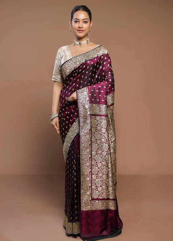 Wine Handloom Banarasi Pure Silk Saree With Blouse Piece Onesize
