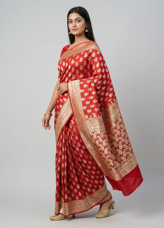 Red Handloom Banarasi Pure Silk Saree With Blouse Piece One Size