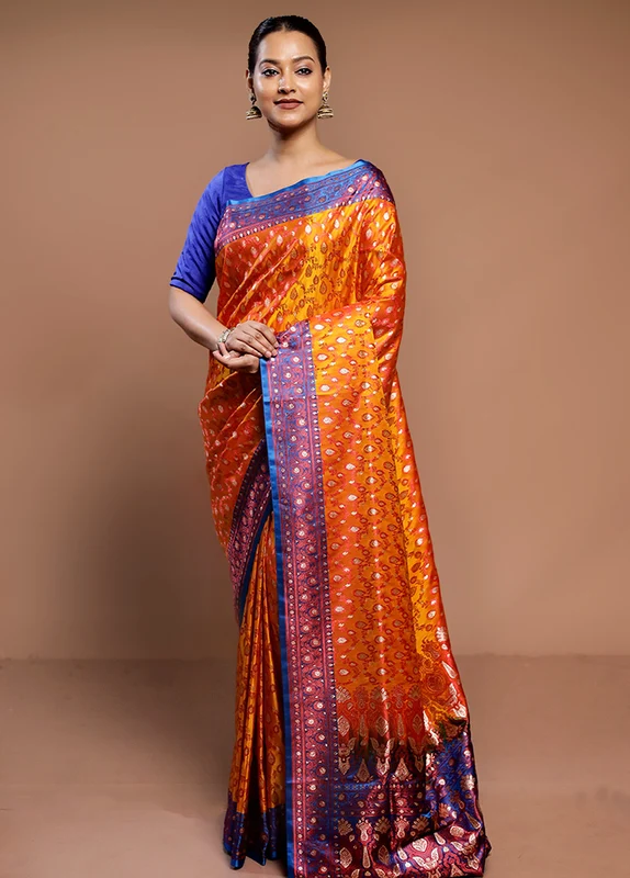 Orange Tanchoi Silk Saree With Blouse Piece Onesize