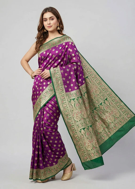 Purple Handloom Tanchoi Pure Silk Saree With Blouse Piece One Size
