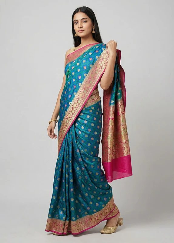 Blue Handloom Tanchoi Pure Silk Saree With Blouse Piece One Size