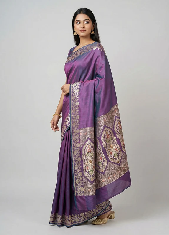 Purple Handloom Banarasi Pure Silk Saree With Blouse Piece One Size