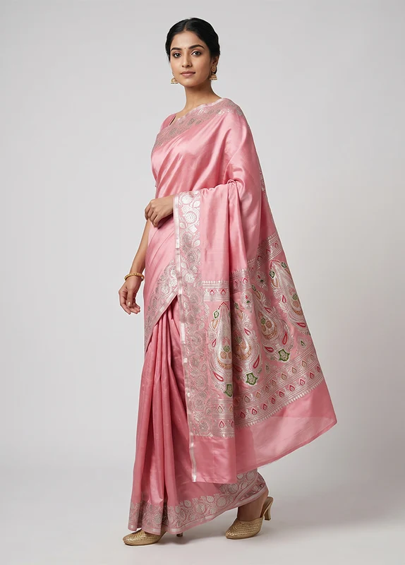 Peach Handloom Banarasi Pure Silk Saree With Blouse Piece One Size