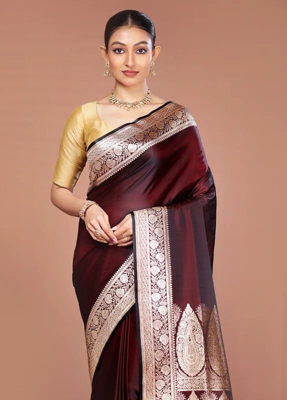 Maroon Banarasi Silk Saree With Blouse Piece Onesize