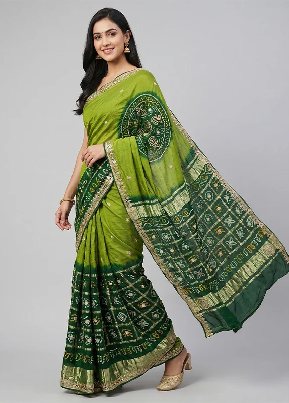 Green Bandhej Silk Saree With Blouse Piece One Size