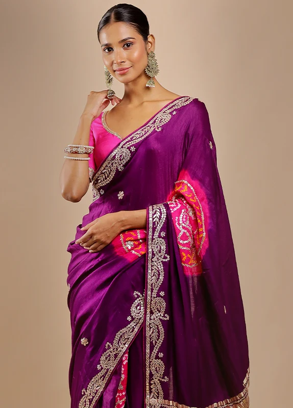 Purple Bandhej Pure Silk Saree Without Blouse Piece Onesize