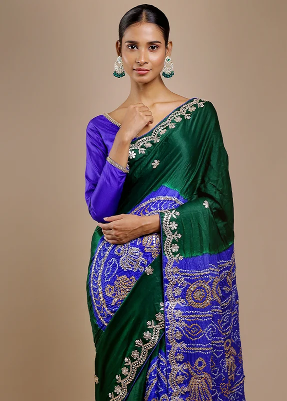 Green Bandhej Pure Silk Saree Without Blouse Piece Onesize