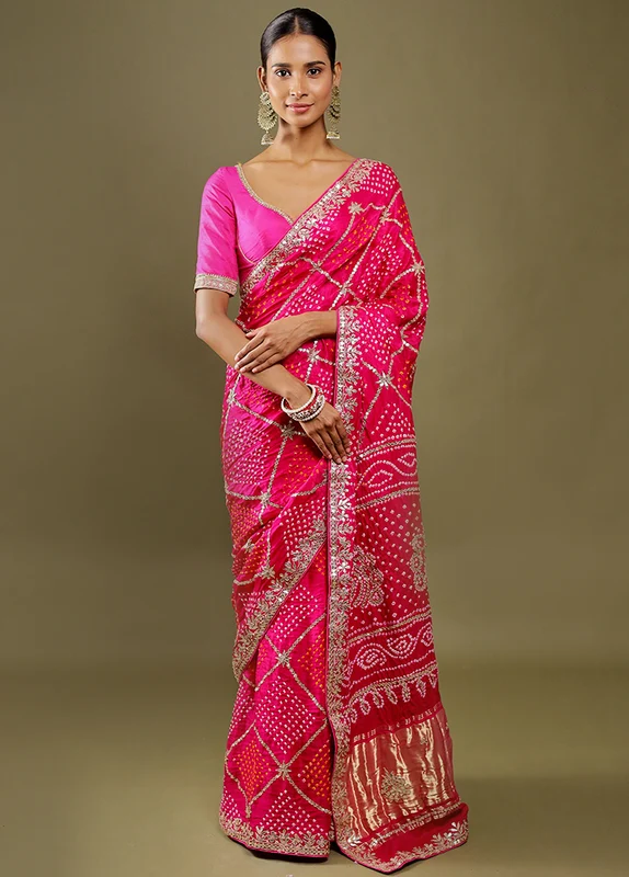 Pink Bandhej Pure Silk Saree Without Blouse Piece Onesize