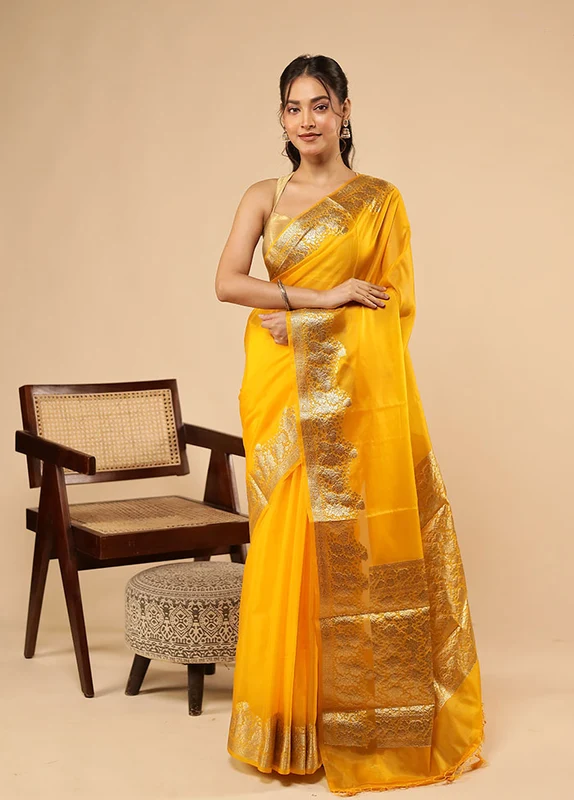 Yellow Organza Saree With Blouse Piece One Size