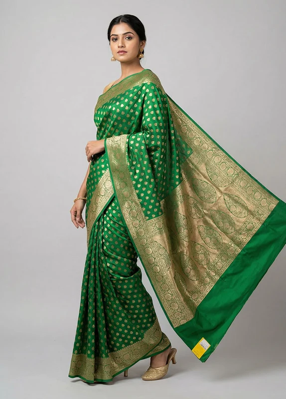 Green Banarasi Silk Saree With Blouse Piece One Size