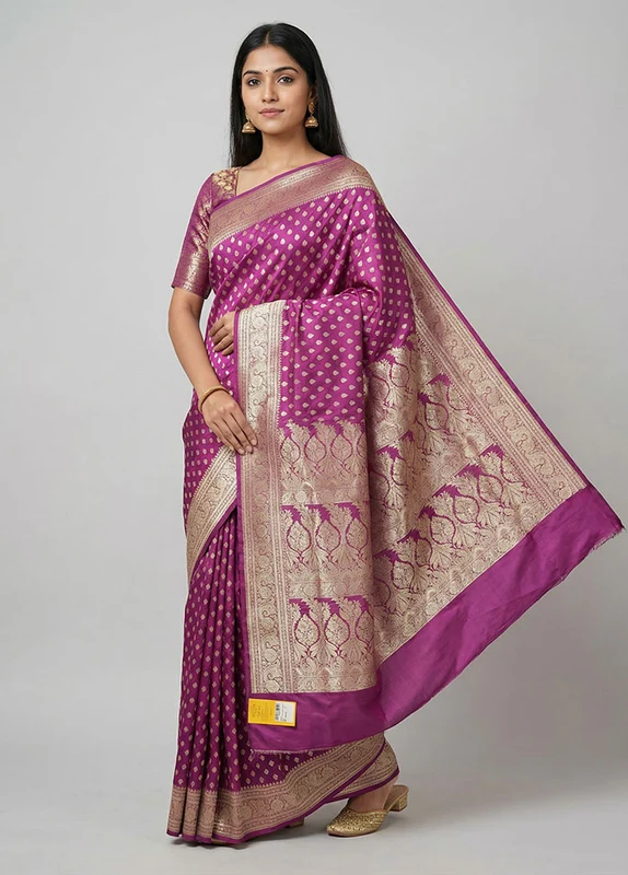 Purple Banarasi Silk Saree With Blouse Piece One Size