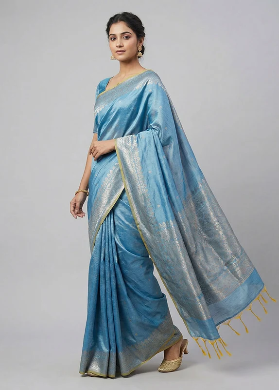 Blue Dupion Silk Saree With Blouse Piece One Size