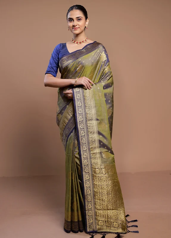 Green Dupion Silk Saree With Blouse Piece Onesize