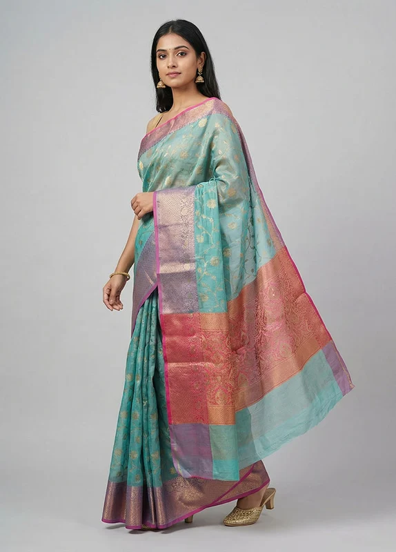 Blue Kora Silk Saree With Blouse Piece One Size